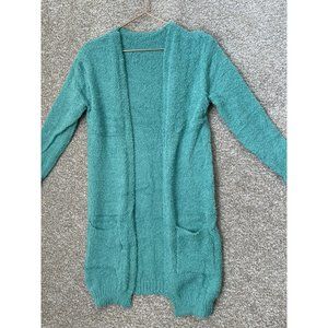 Youth Juniors Turquoise Super Fuzzy Long Open Front Cardigan Sweater Size XL